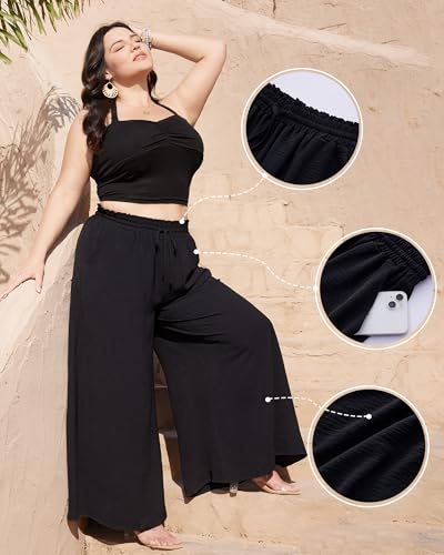 Womens Wide Leg Linen Pants Summer Casual Palazzo Flowy Elastic High Waisted with Pockets Boho Beach Trousers3