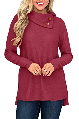 Women Button Casual Cowl Neck Sweatshirt Plain Loose Long Sleeve Tunic Top Red S