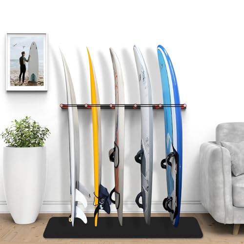 UOKRR 2025 Upgrade Surfboard Wall Mount, Surfboard Rack with Rubber Mat & Bungee Cord, 6 Arms Vertical Surfboard Wall Rack Garage Storage for Wall Holds 5-6 Boards