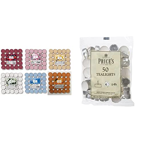 Image of Aladino 150 Tea Lights Candles Scented Tealights- 25 x 6 Scents Mixed Pack - Cotton Flowers & Prices Patent Candles White Tealights Bag, Pack of 50, Wax, l x 3.8cm w x 1.8cm h