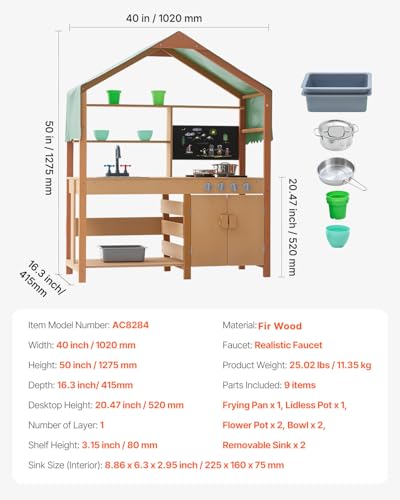 Image of VEVOR Mud Kitchen for Kids Outdoor, Wooden Mud Kitchen Set with Canopy, Mud Kitchen for Kids Outdoor Backyard with Stoves, Planter Boxes, 2 Sink, Faucet, Blackboard, Cookware Pot