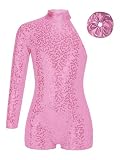 MSemis Maillot Lentejuelas de Baile Latino Jazz para Niña con Diadema Leotardo Gimnasia Rítmica de Manga Larga un Hombro Mono de Patinaje Competición 5-16 Años Rosa 5-6 años