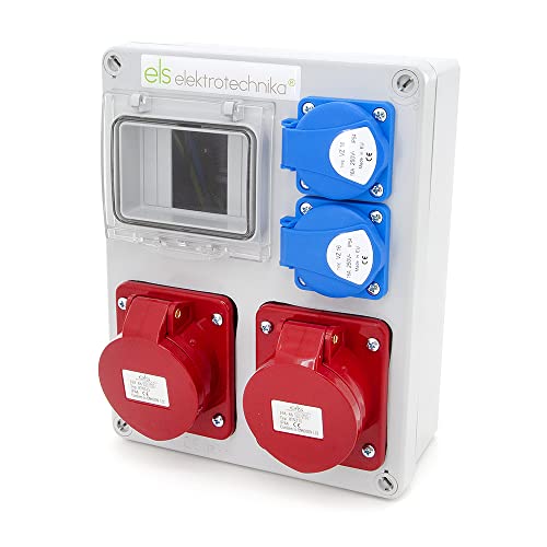 ELS Elektrotechnika Répartiteur de courant de chantier, répartiteur mural vide, boîtier vide, 2 prises 230 V et 2 prises CEE 16 A pour modernisation avec appareils modulaires, câblé, IP44