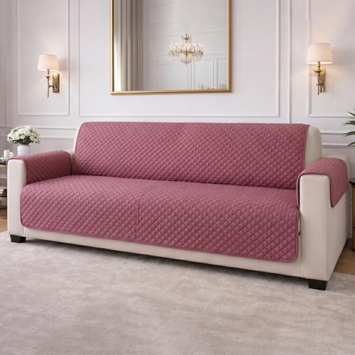 Image of STITCHNEST 'Airsoft Range Series' Solid Quilted Velvet Sofa Cover for 1 Seater | Premium Soft Velvet Sofa Protector | Peach Diamond Quilted Design with Armrest Pockets | Furniture Cover