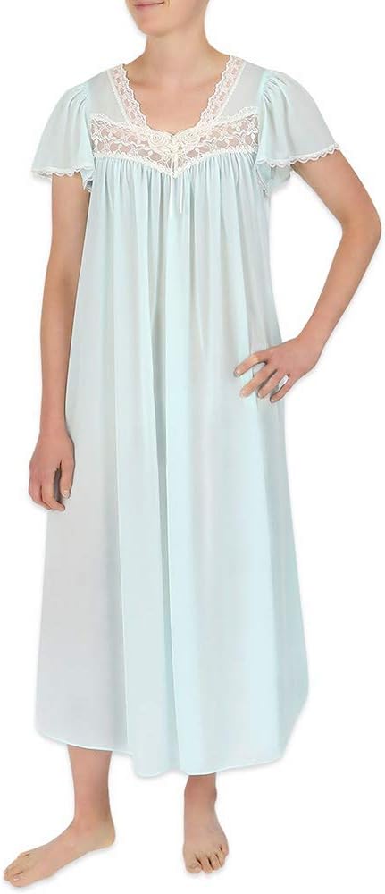 Miss ElaineSilk Essence Nightgown - Long Silky & Sheer Tricot Gown with Flutter Sleeves