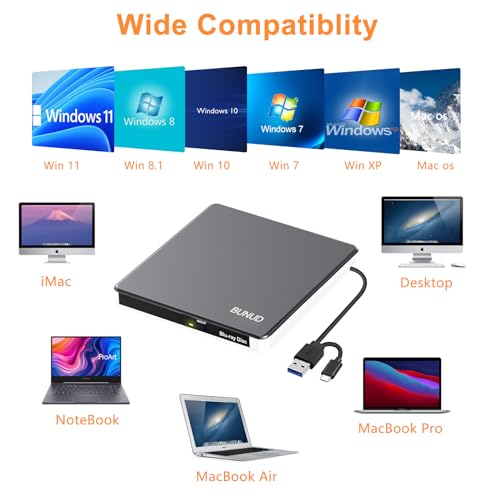 Image of External Blu Ray CD DVD Drive, USB 3.0 Type C Blu ray Burner BD Player Read /Write Portable Bluray Drive Slim Optical Blue Ray CD DVD Reader for Laptop PC Windows 11 MacBook Pro Air Desktop Linux OS