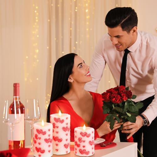 Image of Baquler 3 Pcs Christmas Flameless Candles Pastel Candy Cane LED Pillar Candle Peppermint Glitter Red and White Battery Operated Candlestick for Xmas Party Holiday Table Home Decoration(Heart)