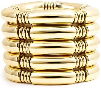 Gold Chunky Bangles Bracelets For Women 14k Gold Plated Stack Layered Curved Bamboo Tube Stretch Bracelets Gift Jewelry