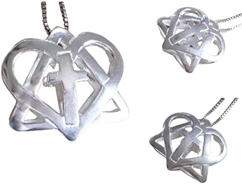 Estrella de David con collar de cruz, colgante de plata mesiánica 925 en forma de corazón 3D, joyería interreligiosa cristiana judía
