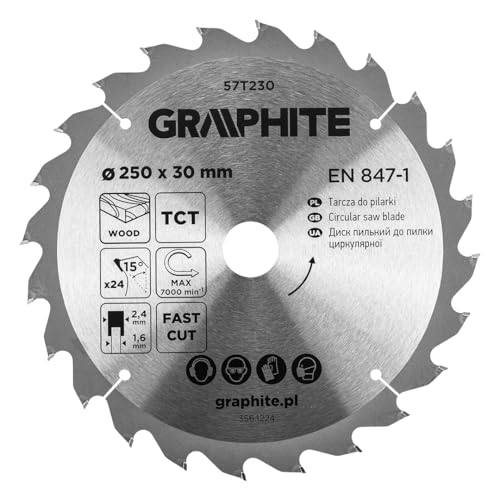 GRAPHITE Widia Lame de Scie Circulaire - Lame de Scie en Carbure pour Bois, Panneau de Particules, MDF, Contreplaqué et Aluminium - Coupes Précises, Y Compris, Anneaux de Réduction, Propre et Rapide