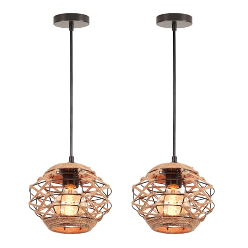 LIGKIN 2 Piezas Lámpara Colgante de Ratán Vintage de Suspensión Industrial E27 de Techo Boho Jaula