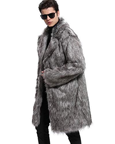 Lafee Bridal Men's Luxury Faux Fur Coat Jacket Winter Warm Long Coats Overwear Outwear Grey XL