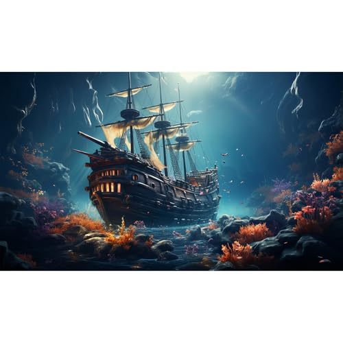 Image of Sunken Ship Aquarium Background Undersea Pirate Shipwreck Fish Tank Background Tropical Coral Reefs Ocean Seabed seascape Reptile Tank Backgrounds Tropical Marine Life Terrarium Backgrounds 36x24in