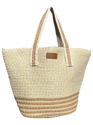 Bolso Mujer De Paja Rafia Para Verano Playa, Capazo De Esparto Mimbre Hecho a Mano, Cesta Totte de Hombro Grande Natural Estilo Étnico Bohemio Ecológico Marrón Blanco