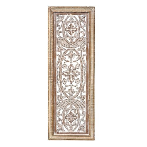 Benzara BM01908 Rectangular Mango Wood Wall Panel Hand Crafted with Intricate Carving, White and Brown