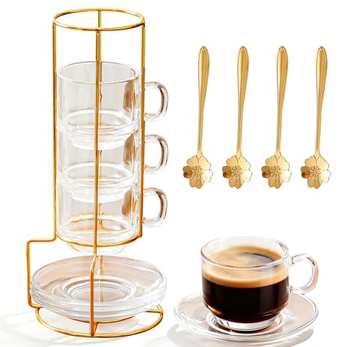 SJORHNUS 5.4 oz Espresso Cups Set of 4,Clear Glass Coffee Cups with Saucers Spoons and Cup Holder,Stackable Tea Cup Espresso Cups Set for Home Office Break Room Tea Party(clear)