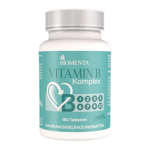 BIOMENTA Vitamin B Komplex – 8 essentielle B-Vitamine je 300% NRV (Vitamine B1, B2, B3, B5, B6, B7, B9, B12) – 180 kleine Tabletten – vegan & hochdosiert - Premiumqualität