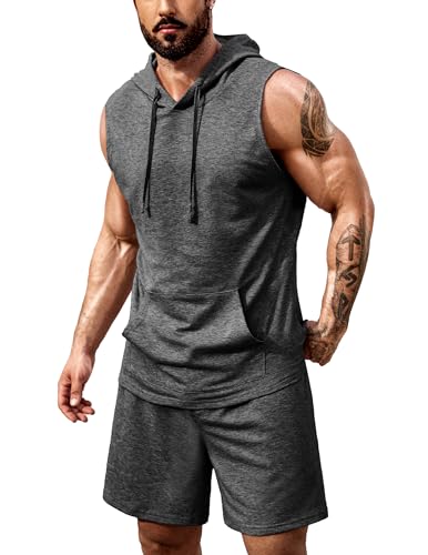 COOFANDY Mens Sleeveless Workout Hoodie Shorts Set 2 Piece Outfits Hooded Tank Tops Gym Tracksuit Sweatsuits - Main Image
