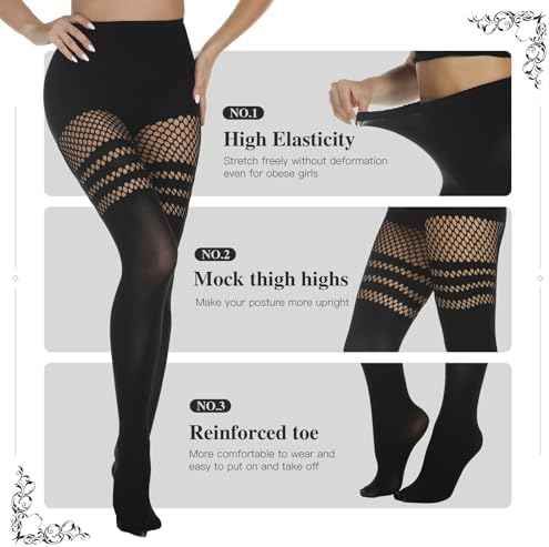 MANZI 2 Pairs Women's Suspender Opaque Fishnet Stockings Thigh High Mesh Fishnets Black Stocking Tights