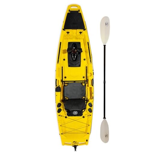 BKC PK11 Angler 10.5-Foot Sit On Top Solo Fishing Kayak w/Instant Reverse Pedal Drive, Hand Control Rudder, Paddle, and Upright Seat (Yellow)
