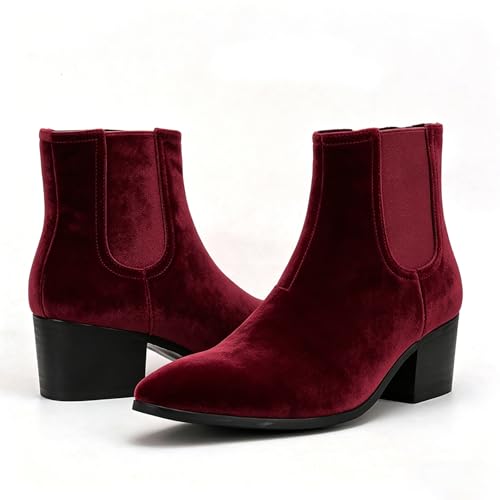 Image of Men'S Classic Leather Chunky Heel Chelsea Boots With Side Zipper Fashion Pointed Toe Elastic Band High Top Block High Heel Formal Chukka Booties For Casual Business Party Wedding
