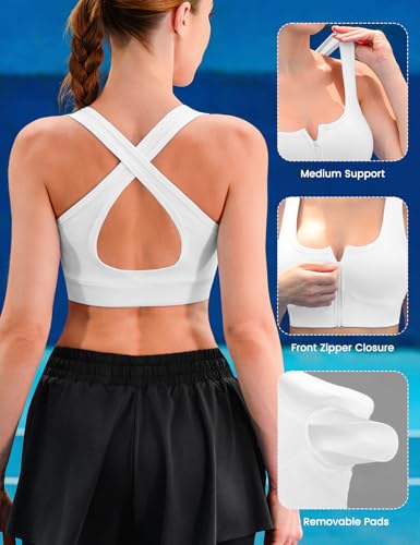 Womens Zip Front Sports Bra Medium to High-Impact Cross Back Padded Bras for Yoga Running2