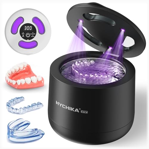 Dispositivo de limpieza por ultrasonidos con esterilización UV, 45 kHz de alta frecuencia, 4 modos de limpieza UV, depósito de limpieza de dientes de 200 ml, retenedor, rieles nocturnos, alineadores