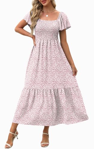 Image of OFEEFAN Summer Dresses for Women Square Neck Ruffle Sleeve Smocked Maxi Dress with Pockets
