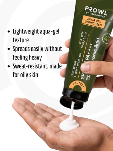 Image of PROWL by Tiger Shroff Aqua Gel Men Sunscreen SPF50 PA++++ for Oily Skin | Face Sun Screen with 1% Hyaluronic Acid | Lightweight, Sweat Resistant Sun Cream for Oily, Dry & All Skin Types | 50ml