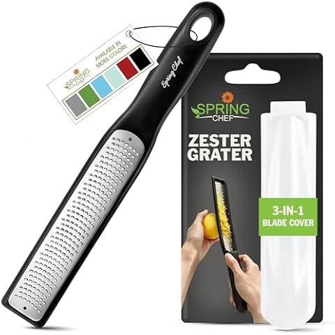 Spring Chef Premium Lemon Zester Grater with Handle - Fruits, Garlic, Chocolate, Nutmeg, Ginger Grater - Heavy Duty Kitchen Tool - Stainless Steel Citrus Zester with Blade Cover - Fine Shred, Black Cover