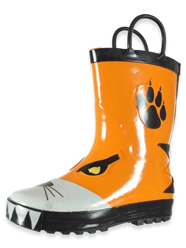 Boys Rain Boots for Toddlers - Waterproof Rubber Rainboots with Easy-On Butterfly Handles (Orange Tiger, Size 8)