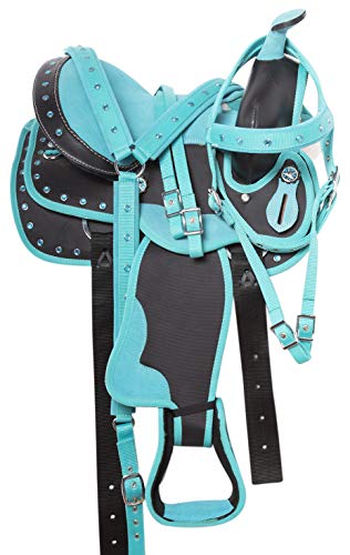 Acerugs 10” 12” 13” Purple Red Pink Blue Silver Crystal Western Horse Pony Saddles Sets Synthetic Headstall Reins Breast Collar Pad (Turquoise, 10" Pony) #TOP1