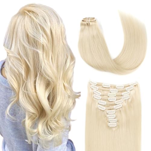 Lovrio 220g 22 inch Clip on Human Hair Extensions, Remy Straight Big Thick Hair Virgin Hair, Color Platinum Blonde 10 pieces 21 clips