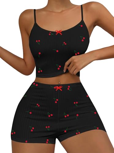 Image of Hilinker Womens Graphic 2 Piece Pajama Set Summer Cute Crop Cami and Shorts Ribbed Lounge Sets