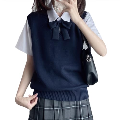 [Foravana] スクールベスト 女子 学生 制服 ニット Vネック ニットベスト チョッキ オールシーズン 綿100% ノースリーブ 通学用 無地 ゆったり キッズ 男女兼用 春夏 秋冬 （L・ネイビー）（Amazon）