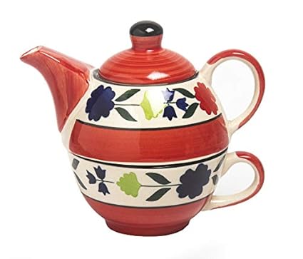 HS HINDUSTANI SAUDAGAR Microwave Safe Hand Painted Ceramic Single Tea Pot Kettle Set 400 ml Red & Blue Bail Design