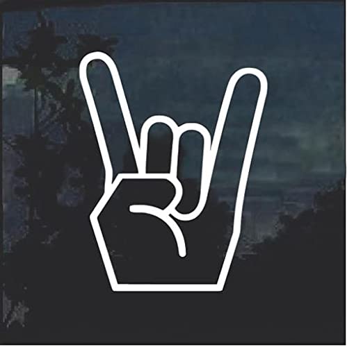 Image of Rock On Hand Sign Decal | White | Made in USA by Stick This! | Sticker for Car or Truck Windows, Laptop, Water Bottle, Tablets etc. | 3.5 inch x 4.5 inch |