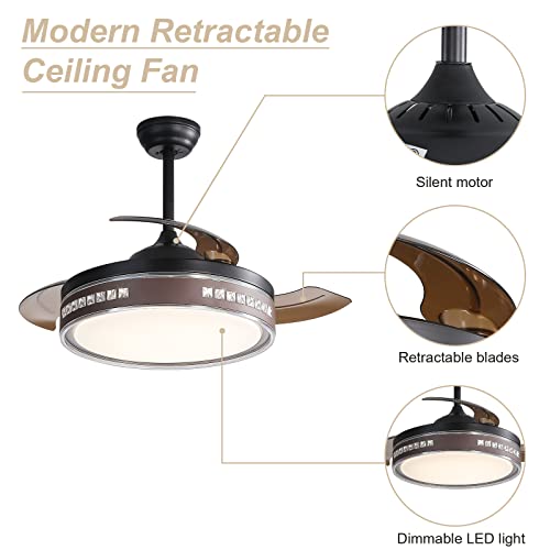 Image of 42 Inch Modern Retractable Ceiling Fan with Lights Remote Control, Smart Ceiling Fan Bladeless for Bedroom, 3 Invisible Blades Chandelier Ceiling Fans with 5 inch /10 inch Downrod and 1 /2 /4 Timer