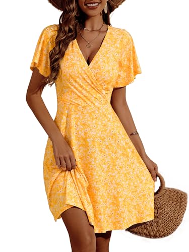 FENSACE Damen-Sommerkleid, Sonnenkleid, Blumenmuster, kurzärmeliges Wickelkleid, V-Ausschnitt, A-Linie, Midi-Länge, Groß