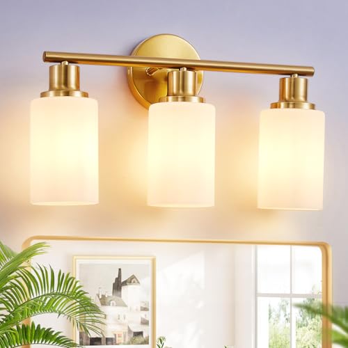 Image of DLLT 3-Light Bathroom Light Fixtures: Gold Modern Vanity Lights with E26 Bulbs - Milky White Glass Shade Bathroom Wall Lamp for Mirror Kitchen Living Room Hallway Cabinet Porch