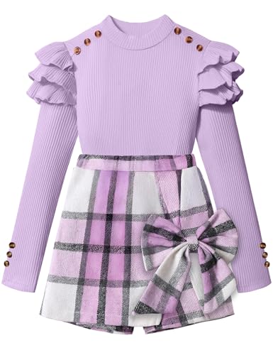 Image of Girls Clothes 2 Piece Ruffle Long Sleeve Shirt Top and Bow Plaid Skirt Set Girls Fall Winter Outfits 6-16 Years