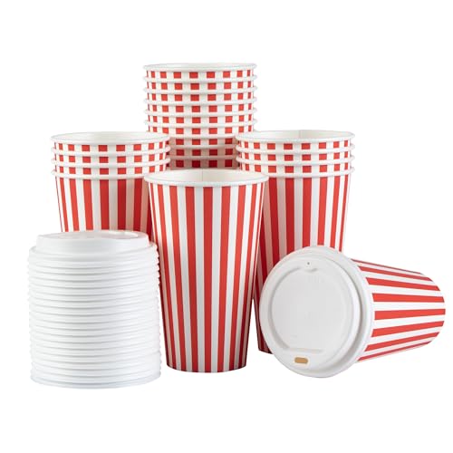 Restaurantware Coffee Cups 20 Pack of 16 oz with Lid Leakproof Single Wall To-Go Cup Greaseproof Red Striped Paper Disposable For Hot Beverages