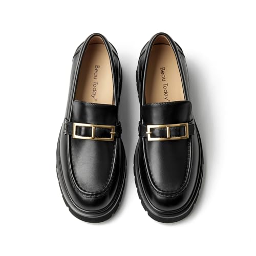 Image of BEAU TODAY Platform Loafers for Women,Chunky Loafers Women,Leather Comfortable Shoes,Lug Sole Metal Buckle Business Work Shoes Black