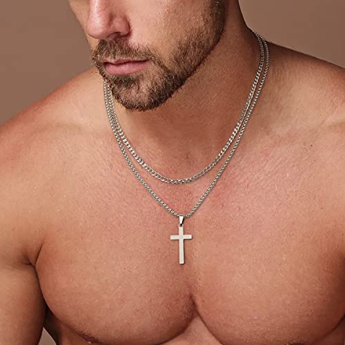 Silver Cross Chain Necklaces For Men, Stainless Steel Cuban Link Cross Mens Chain Necklace Silver Chain Cross Pendant Necklace For Men Women Boys Simple Mens Jewelry Mens Chain Cross Necklace 18 Inche #TOP1
