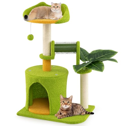 GOPLUS Kratzbaum klein, Katzenturm mit große Plattformen, Katzenhöhle, Sisal-Kratzpfosten, Pflegebürste, Ball & künstlichen Blättern, Katzenbaum Indoor, Kletterbaum für Kätzchen (79 cm)