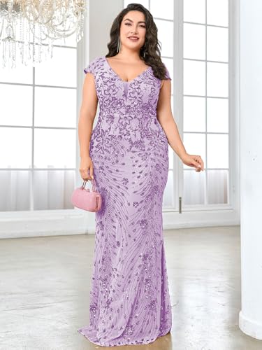 Image of Plus Size Womens Sequined Long Evening Gown Glamous Sleeveless V-Neck Mermaid Prom Dress for Wedding Party