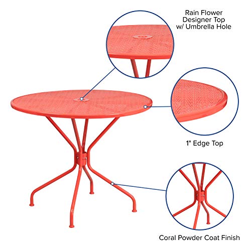 Image of Flash Furniture Oia Commercial Grade 35.25 inch Round Coral Indoor-Outdoor Steel Patio Table with Umbrella Hole