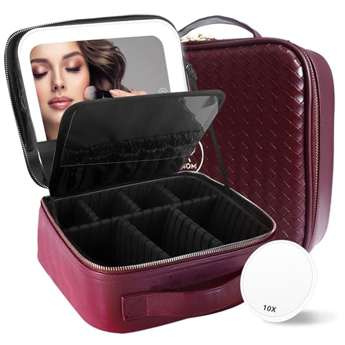 Image of MOMIRA Travel Makeup Bag Cosmetic Bag Makeup Organizer Bag with Lighted Mirror, Adjustable Brightness in 3 Color Scenarios, Waterproof Makeup Train Case, Gift for Women - Wine Red(Woven)