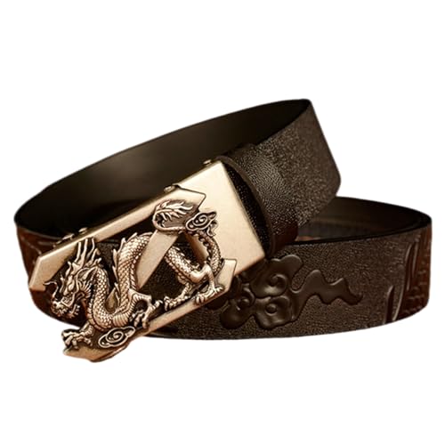 Men's Leather Dragon Print Ratchet Dress Belt With Automatic Adjustable Buckle - Engraved Dragon Cut To Fit