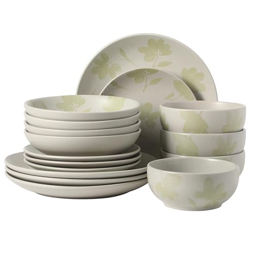 Image of Gibson Home Admiral Hall Plates and Bowls Set, 16-Piece Floral Dinnerware Set, Green Stoneware Dish Set, Dinner Plates, Salad Plates, Pasta Bowls & Cereal Bowls